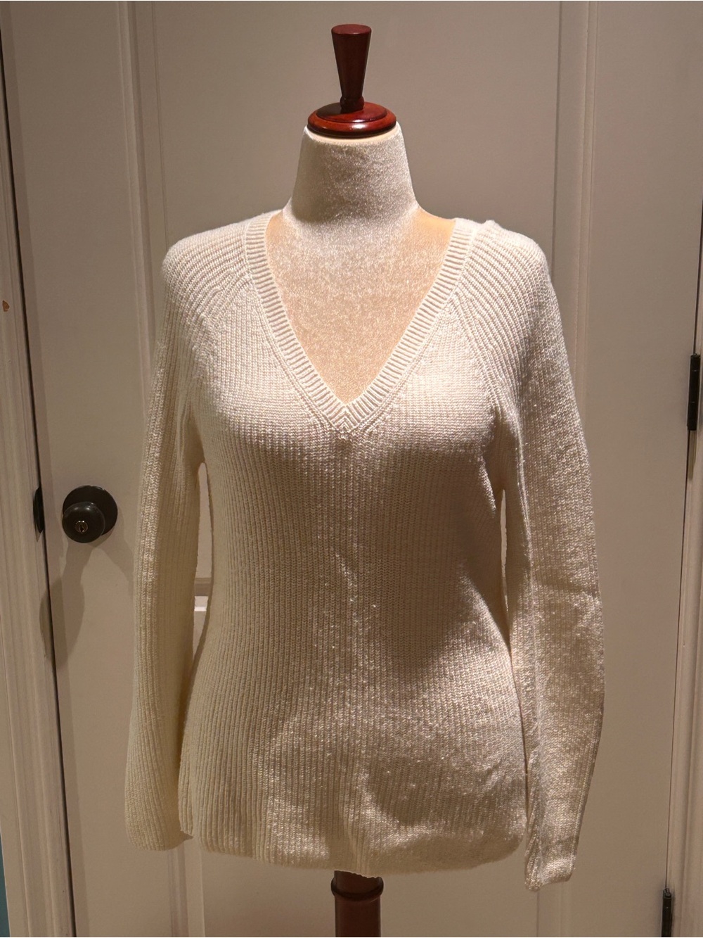 Talbots Cream V-Neck Ribbed Knit Sweater